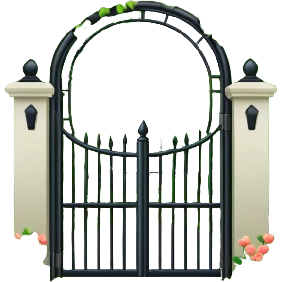 garden entrance with black iron fence, green trees and flowering plants emoji
