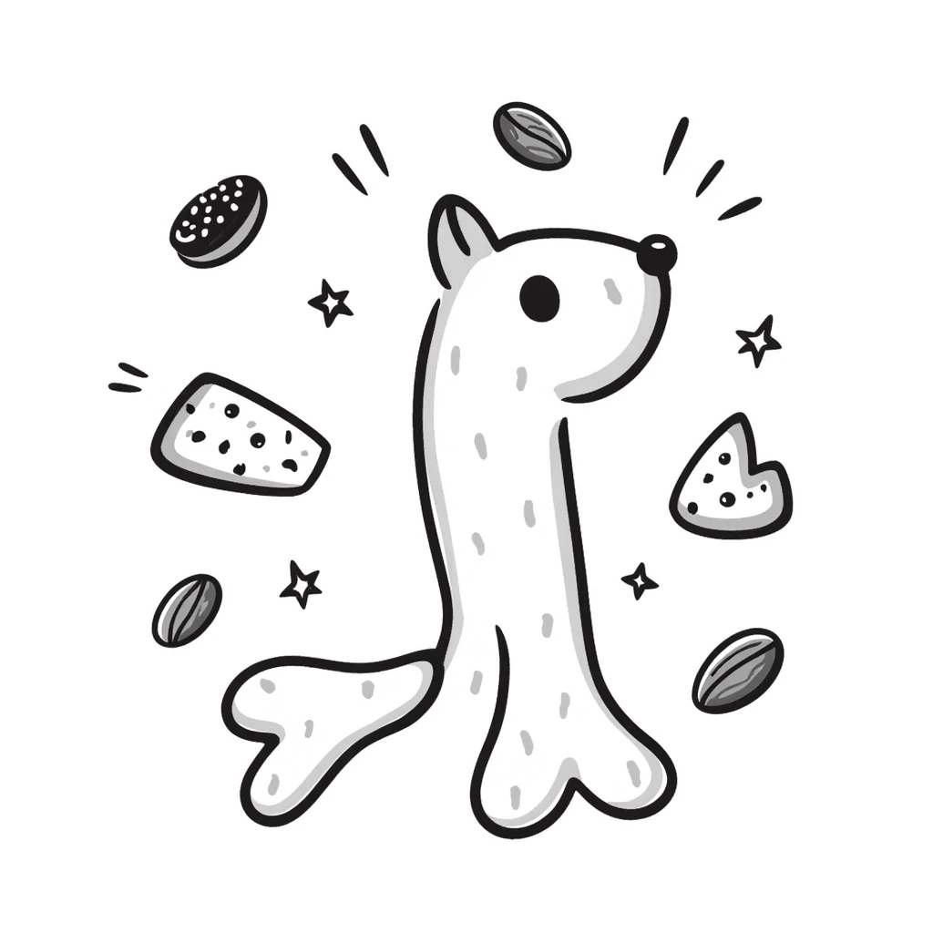 A magical glowing white bone surrounded by floating shredded cheese, yogurt, sesame seeds and almonds, with light beams connecting them, beside a normal bone for comparison emoji