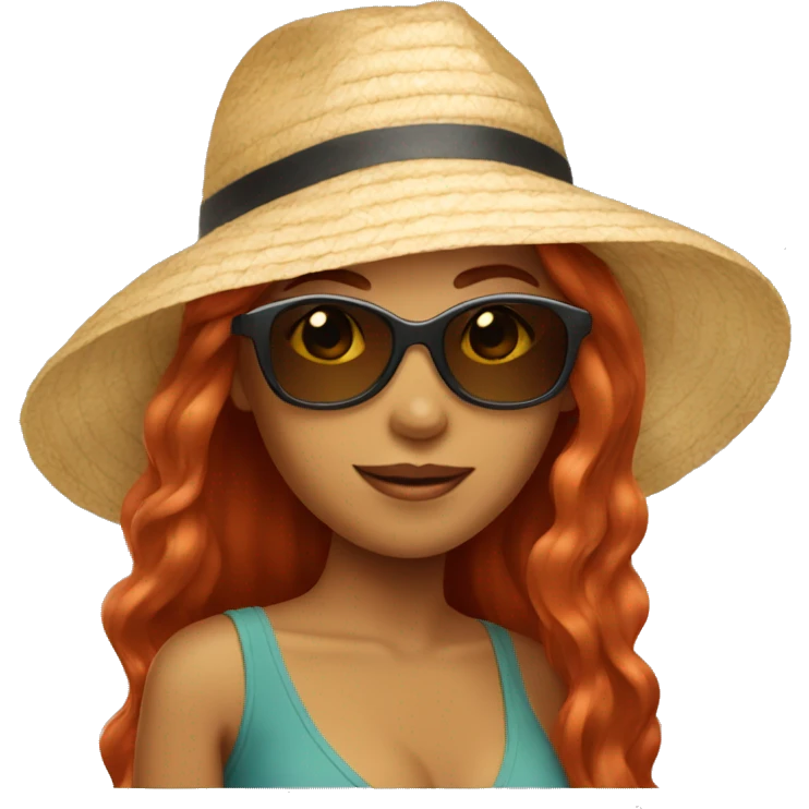 Woman with long red hair, sunglasses, and a beach hat emoji