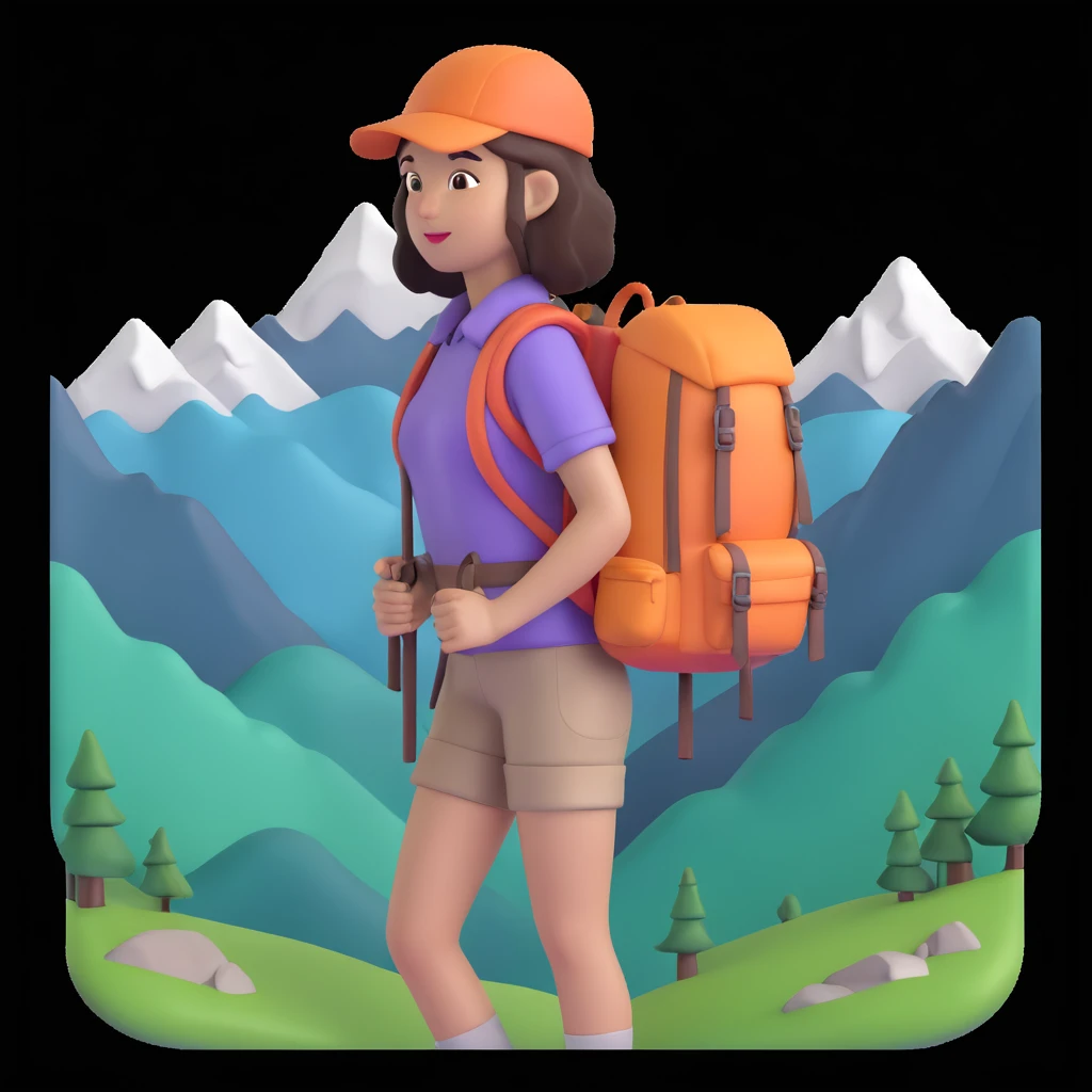 portrait of girl back packing mountains in background, close up pose emoji