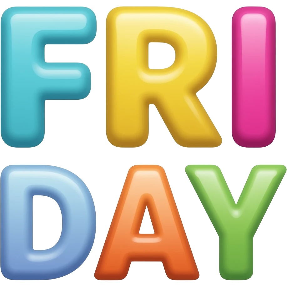 "Fri" "day", each word on a different line, all caps, flashy, Bright colorful emoji