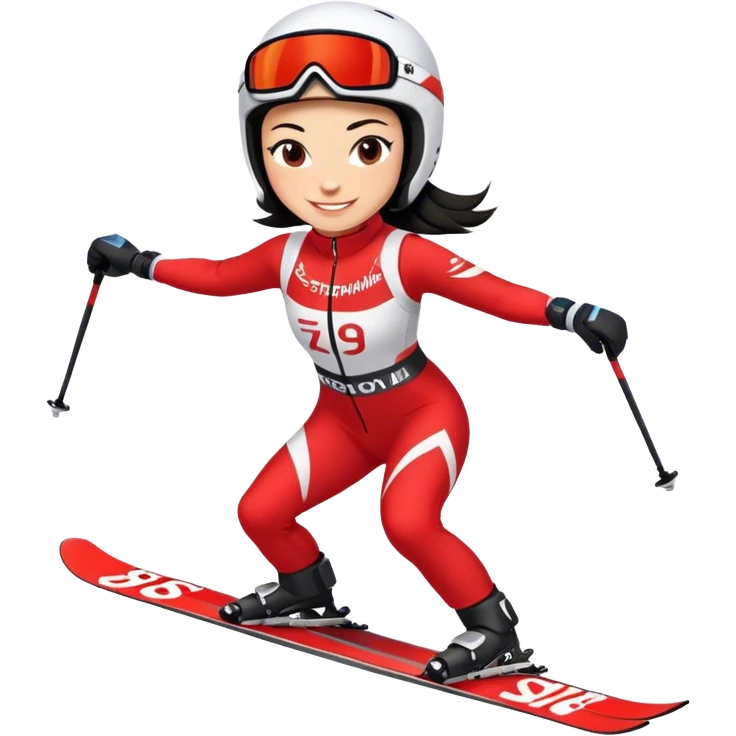 Ski racer downhill squat woman, red white dress, with the name Stephanie on the dress, Ski with the name Head, black hair, smile emoji