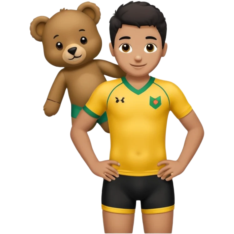 Une garçon qui a les cheveux noir qui sourit il a un maillot de l’algerie et qui a un doudou sur son epaule un ours jaune qui a des habille noir emoji