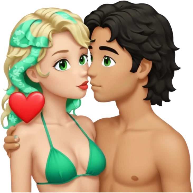 Blonde girl Green eyes wavy hair Green Bikini whole body Kissing man black Hair blue eyes Hearts in Body Background beach emoji