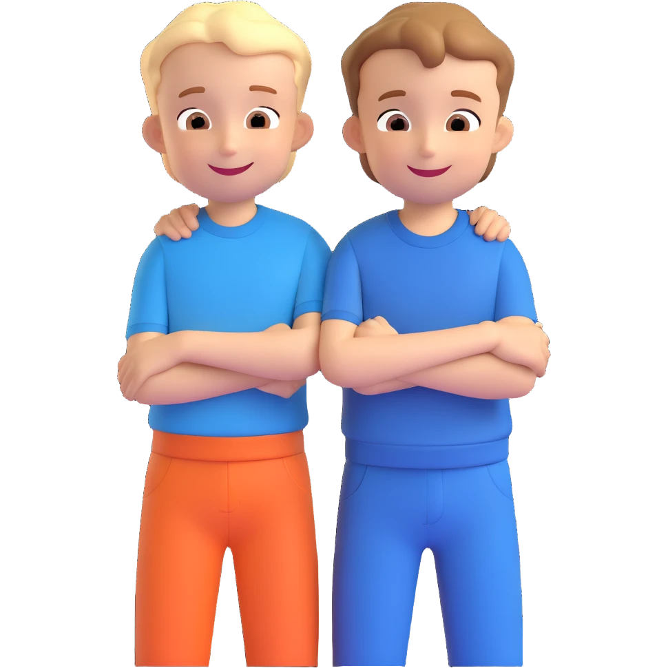 Two cartoon-style boys with similar features, arms around each other's shoulders, smiling, matching outfits, standing close, white background, emoji style emoji