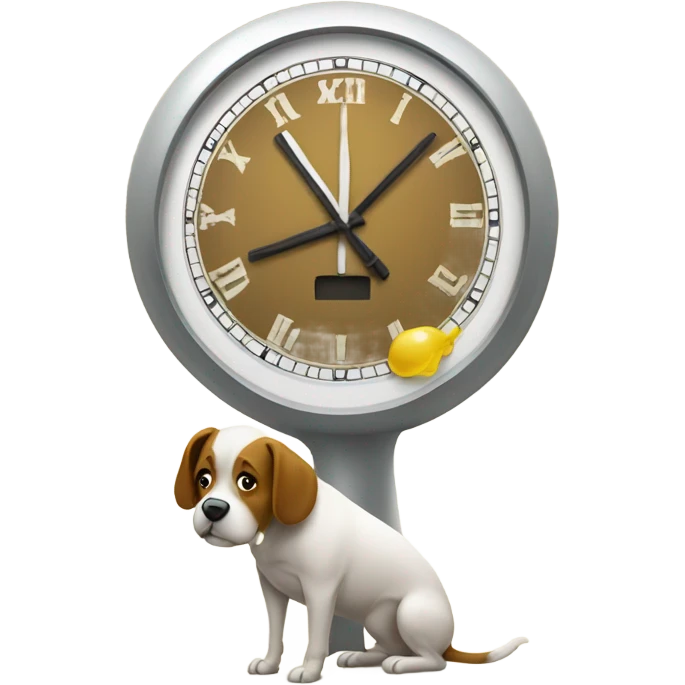 a dog pisses on a big clock emoji