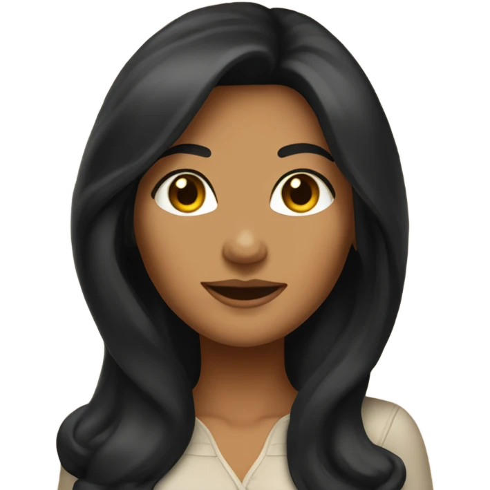 Tanned woman with long black hair wearing 1970s style outfit and hair emoji