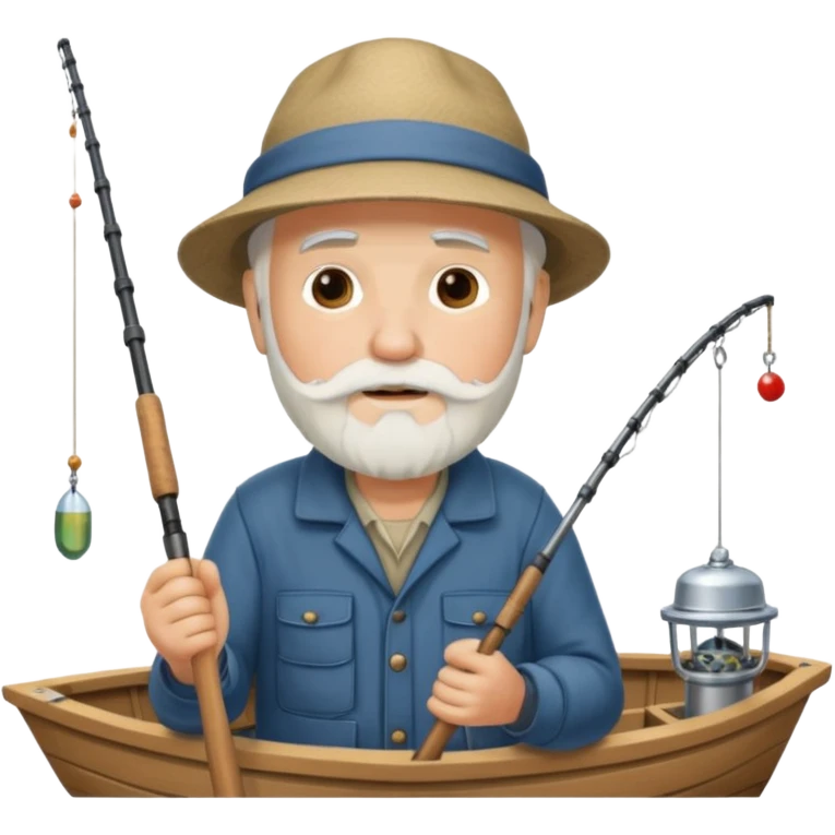 an old white haired, bearded man in fisherman attire, sat in a boat at sea, holding a fishing rod and catching fish with it. emoji