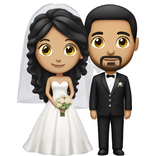 wedding couple. groom is white with black hair and goatee and black hair. Bride long hair black  emoji