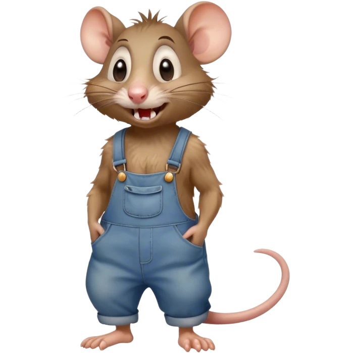 dizzy cartoon hillbilly rat wearing overalls no shirt. standing and talking full body. human eyes. teeth showing talking. walking ad talking emoji