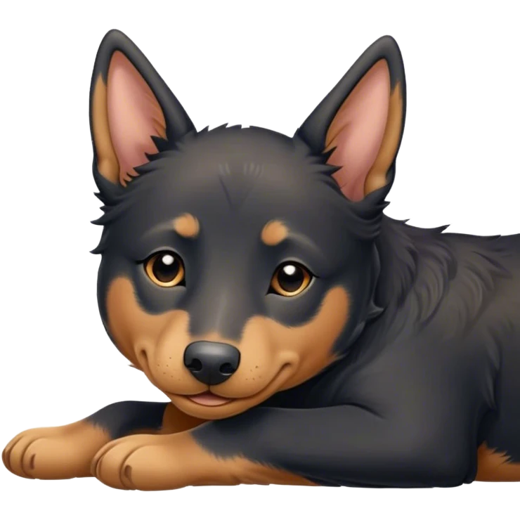Meme-Worthy Cute Sleeping Black and Tan Kelpie Portrait Emoji, Head resting peacefully with a contented smile, showcasing a delightfully agile build and a luxuriously soft black and tan Fur, eyes shut in a serene nap, Simplified yet hilariously adorable features, highly detailed, glowing with a soft, drowsy light, high shine, relaxed and utterly lovable, stylized with an air of playful laziness, bright and heartwarming, soft glowing outline, capturing the essence of a comically sleepy herder, so meme-worthy it feels like it could instantly become the next viral sensation of adorable slumber! emoji