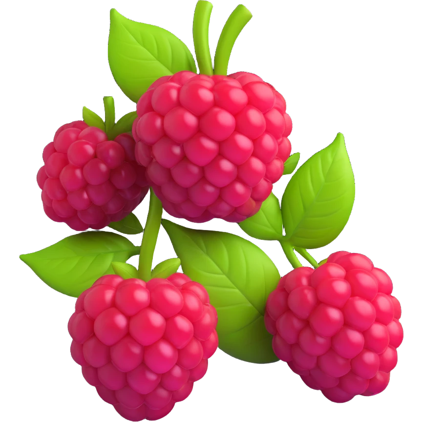 Transform this watercolor raspberry illustration into a 3D iOS-style emoji. Render the raspberry and leaves with smooth, glossy surfaces, soft shadows, and vibrant colors, in the Apple emoji style. No background. emoji