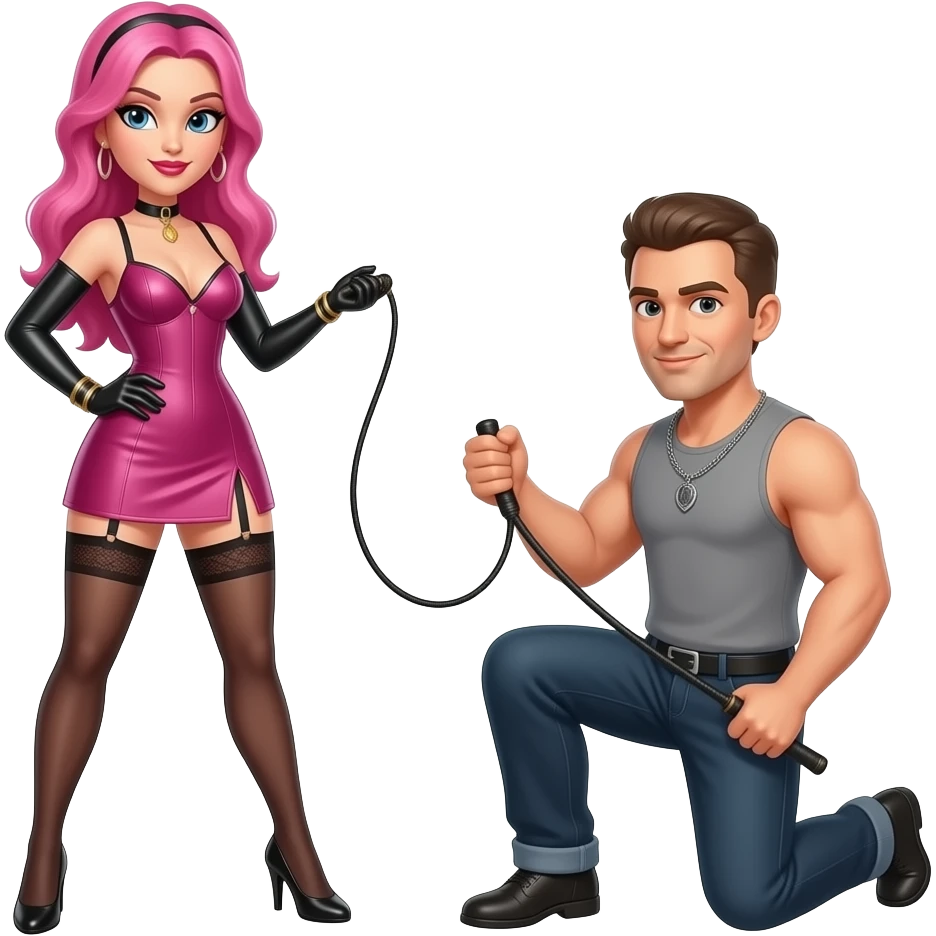 Una dominatrice con i capelli rosa con la frusta, un dominatore con una frusta, e un uomo inginocchiato emoji