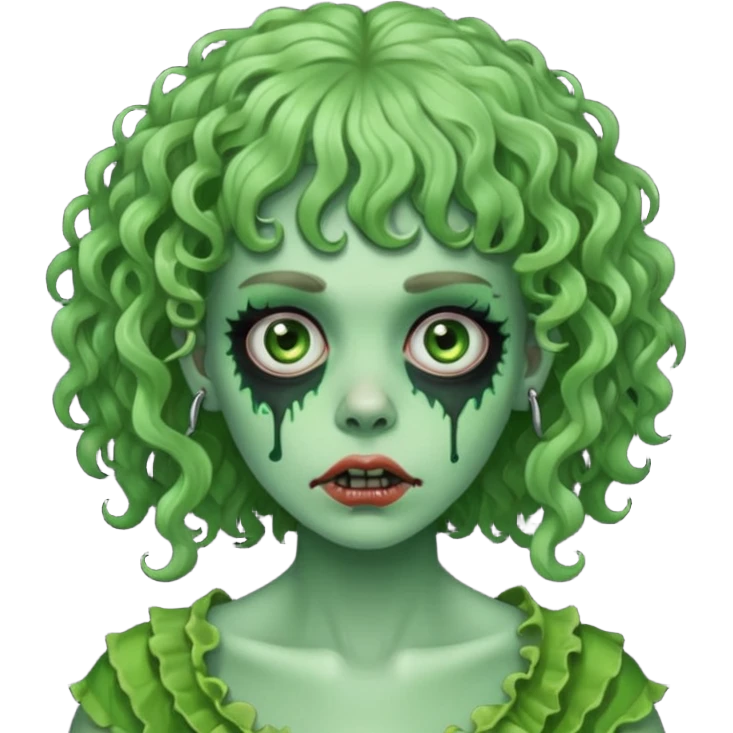 green zombie woman with curly hair, bangs, and a septum piercing. like iPhone emoji emoji