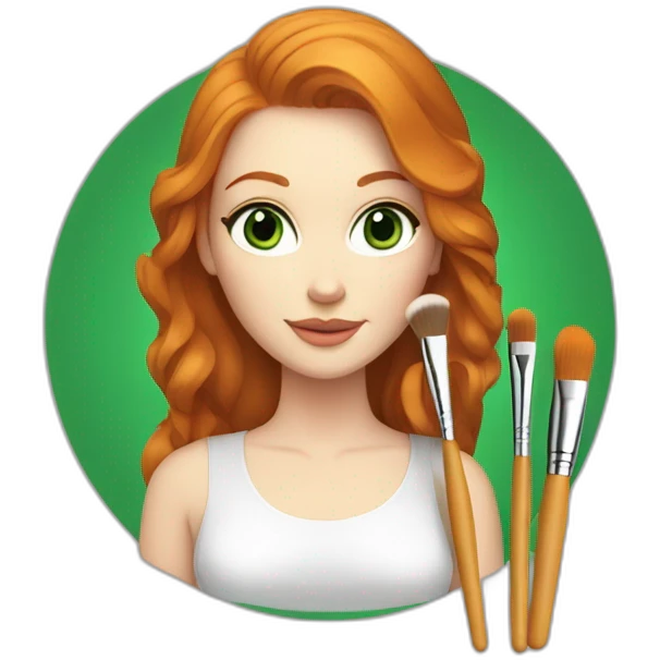 Ginger hair, White woman with makeup brushes in hand, green eyes emoji