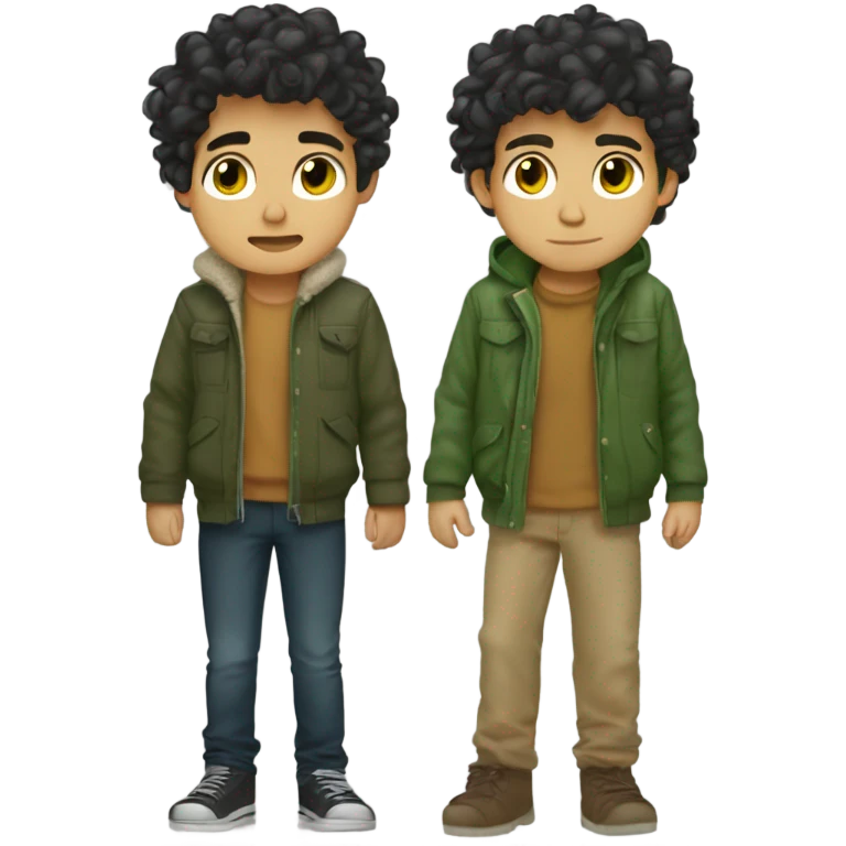 a boy with black messy hair knda siren eyes brown to honey eyes tan skin green winter jacket grumpy  emoji