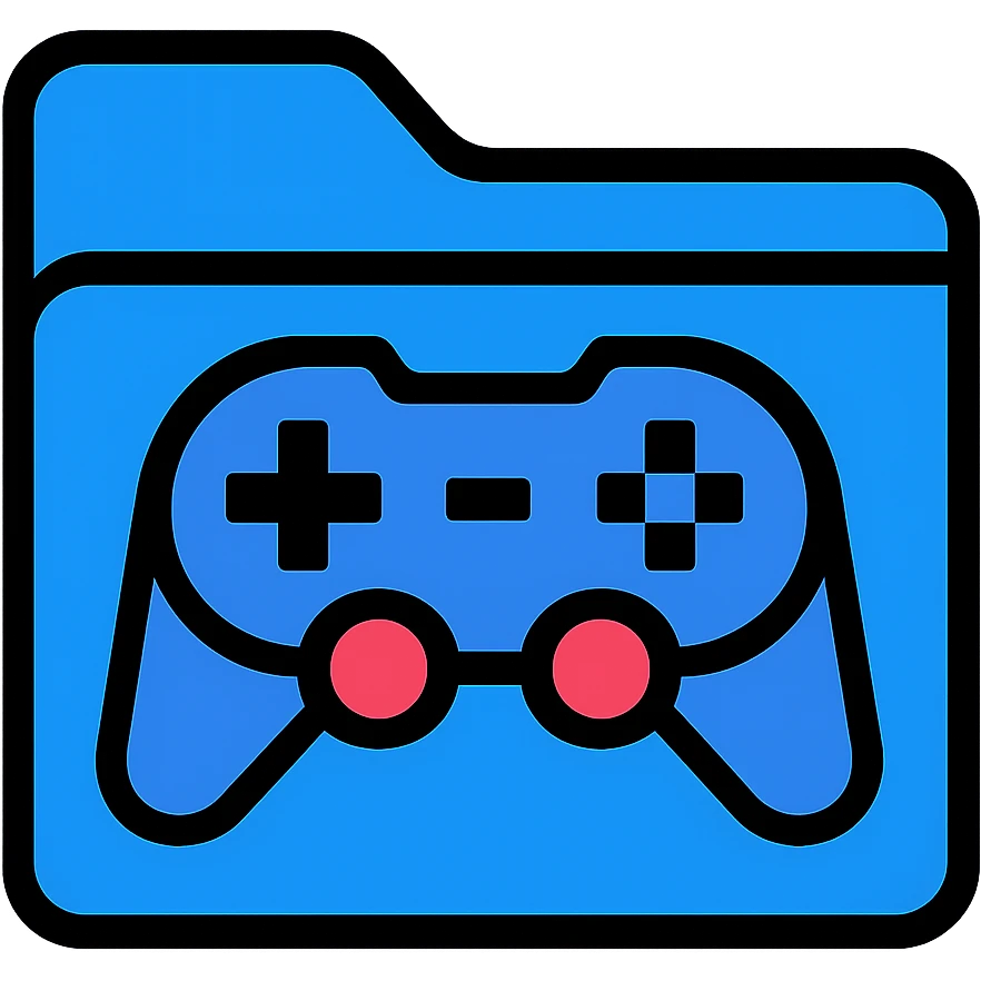 Add a blue game controller to the front of the blue folder icon, leaving some room around the borders. The controller should be centered, clearly visible, and in a flat, modern style with a fully transparent background. Prioritize clarity and recognizability. emoji
