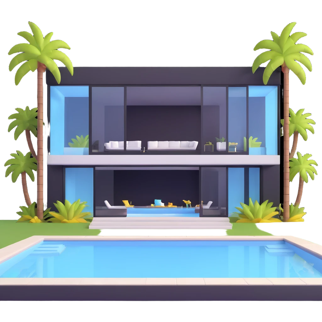 modern luxury mansion with an indoor pool visible through glass walls, palm trees emoji
