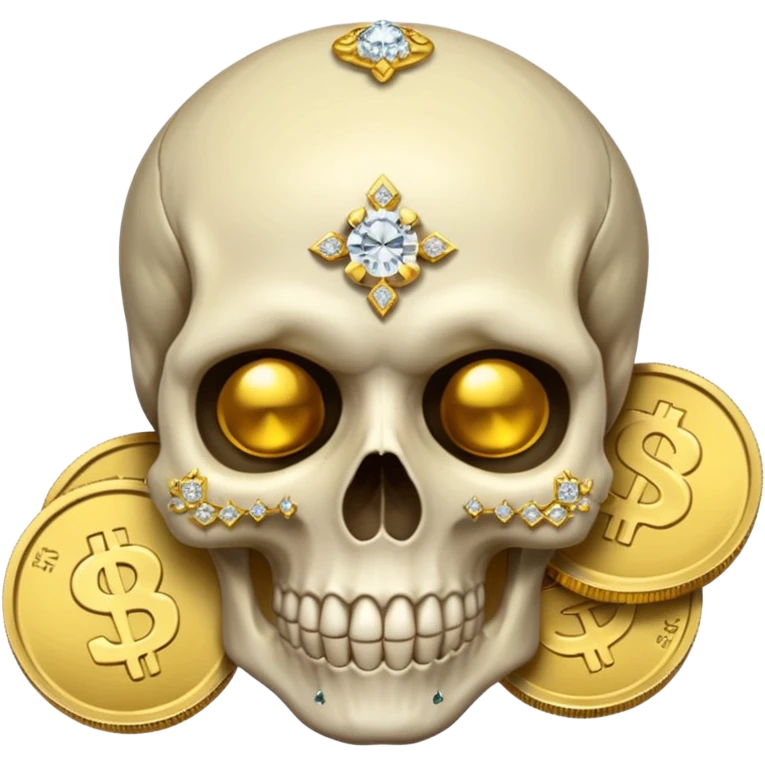 Skull head with gold coins and diamonds emoji