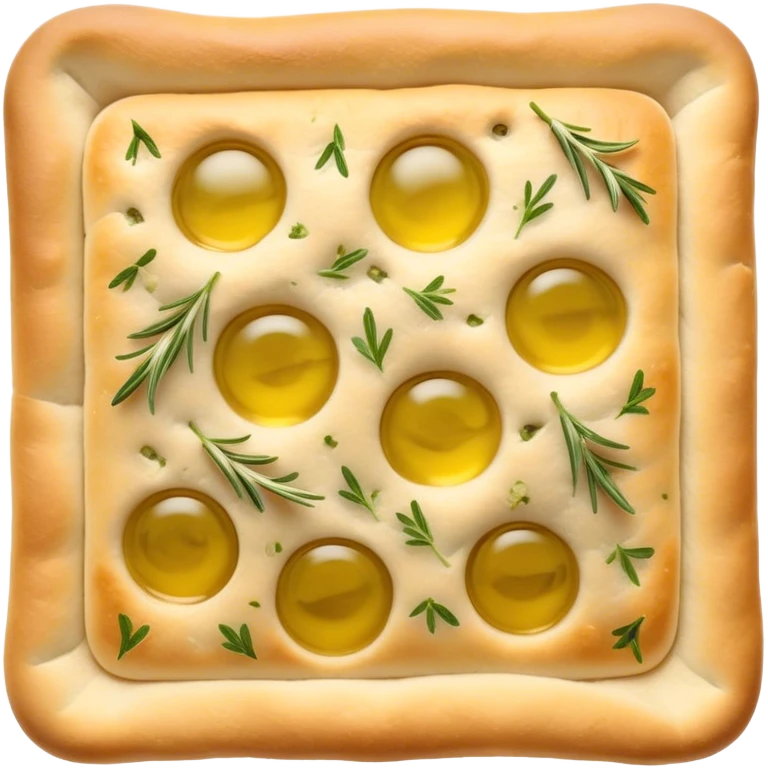 Cinematic Realistic Focaccia Bread Dish Emoji, depicted as a golden, olive oil brushed flatbread sprinkled with herbs rendered with lifelike texture and soft, appetizing lighting. emoji