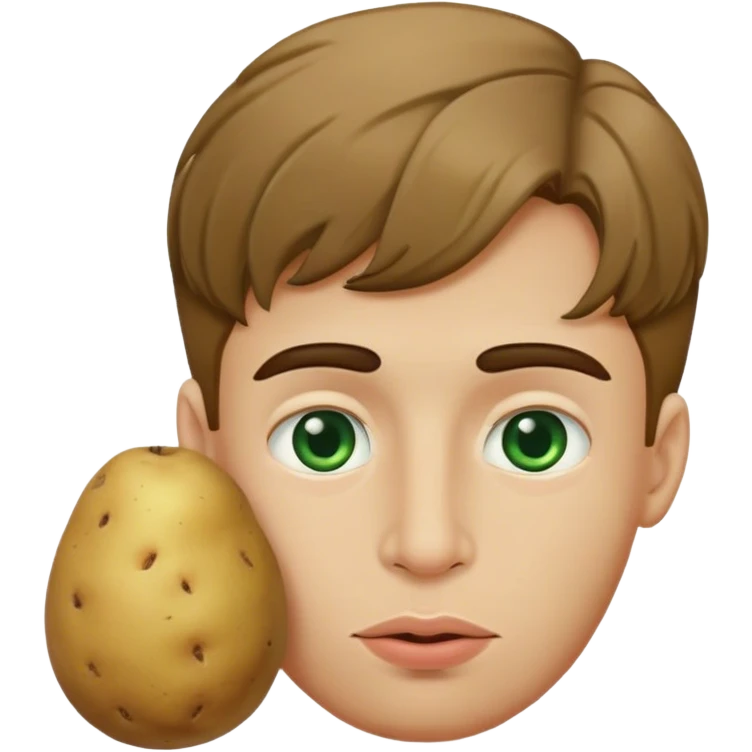 An Spanish descending guy with very light brown hair and a very dark green eyes, potato like nose, big lips emoji
