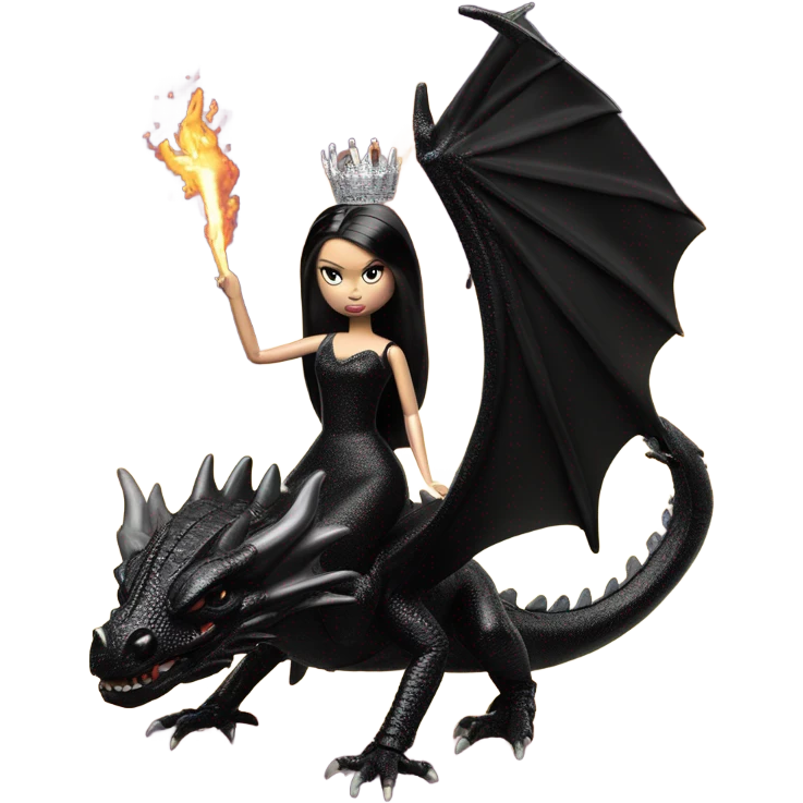 evening dressed, Wednesday Addams Barbie Jedi wearing a tiara, riding on the back of a very large black shiny evil-looking fire-spewing horned dragon emoji