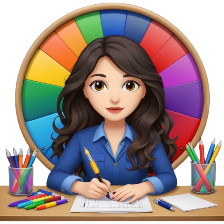 female dark wavy long hair graphic designer , big color wheel behind , pens, papers, desktop emoji