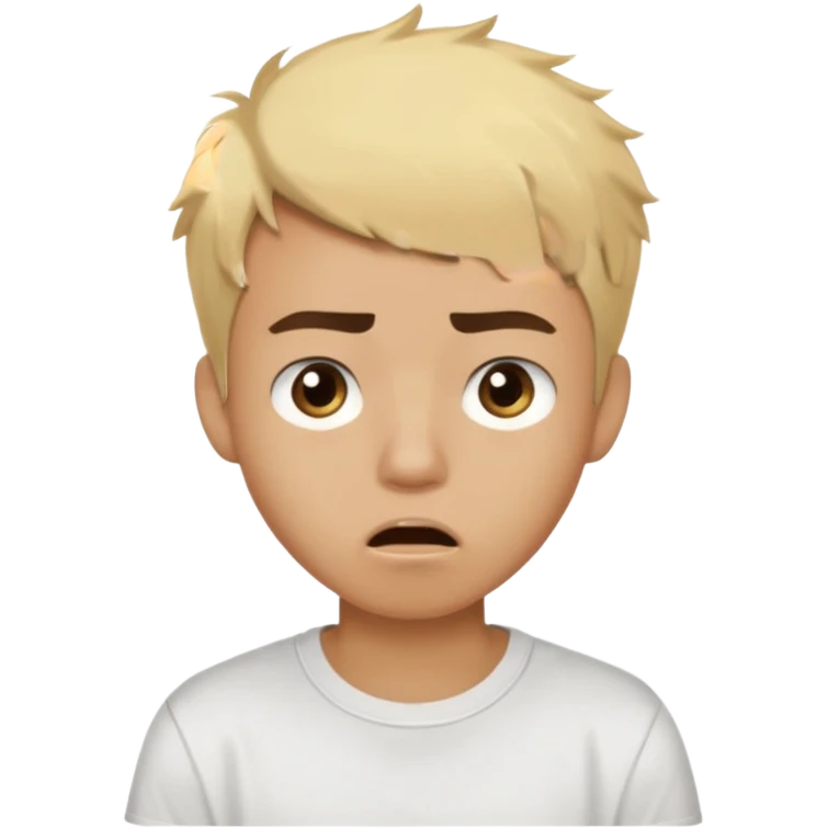 Short buzz, messy blonde hair. Dark brown bushy eyebrows large expressive golden-brown eyes, wearing a plain white t-shirt. Male Teenager. light Dark Brown skin color. Confused mouth gape emoji