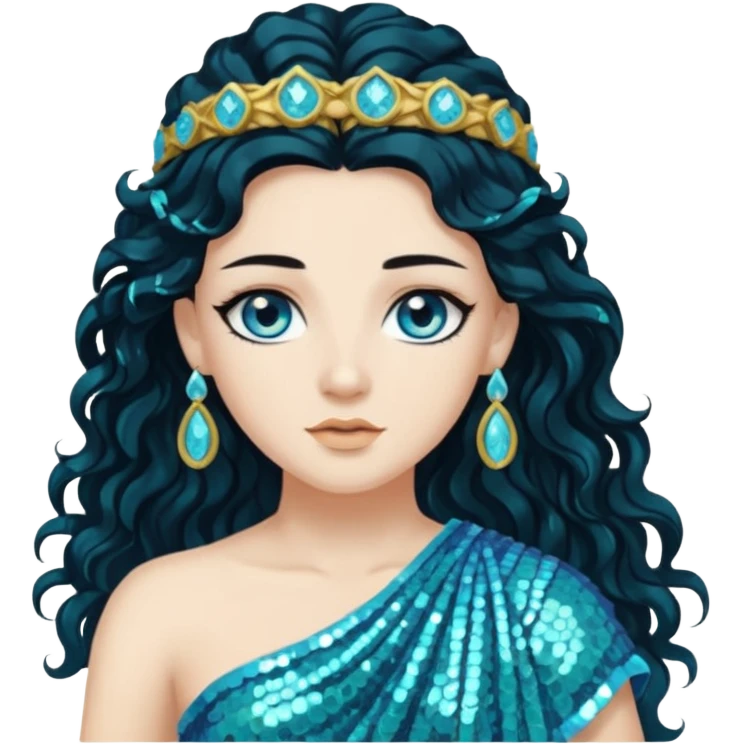 Salacia, Goddess of Seawater from Roman Deities with long jet black wavy hair, aquamarine sequin toga  emoji