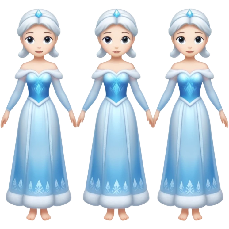 An ice Snow Maiden character with two arms and two legs, full body, front view, back view, side view, three-quarter view, consistent character design, translucent ice material, winter fairy tale style. emoji