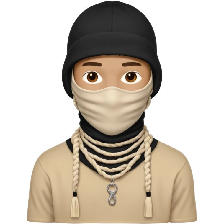 Ultra-detailed studio shot of a post-apocalyptic off-white balaclava — deconstructed, frayed, layered, with braided rope tassels and subtle embroidery. Minimalist white background, soft lighting, sharp focus. High-fashion streetwear aesthetic. The face of a person in a mask should not be visible emoji