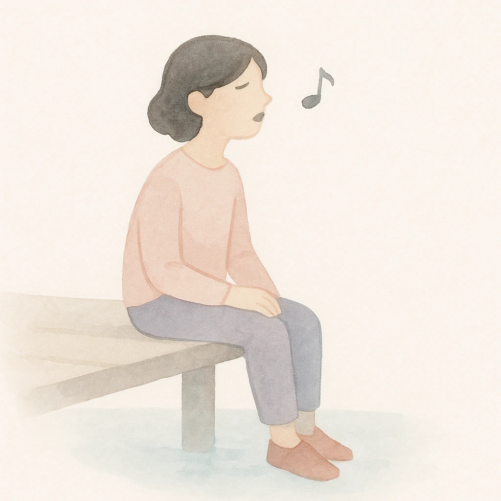 person sitting on a dock singing a song, watercolor art style emoji