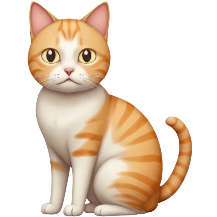 full body white, ginger and tabby cat with skinny head and fat body with an anxious face emoji