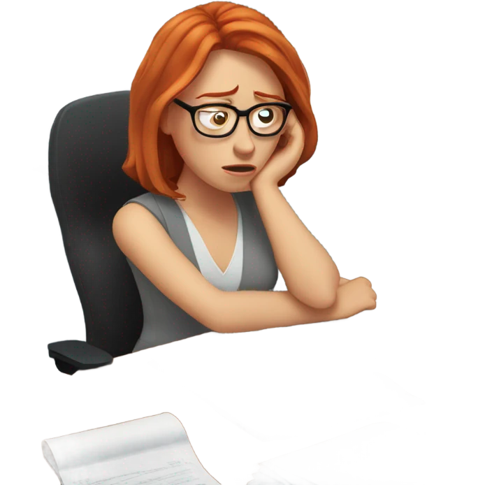 red hair woman wearing glasses sleeping frustrated desk monitor stack paper emoji