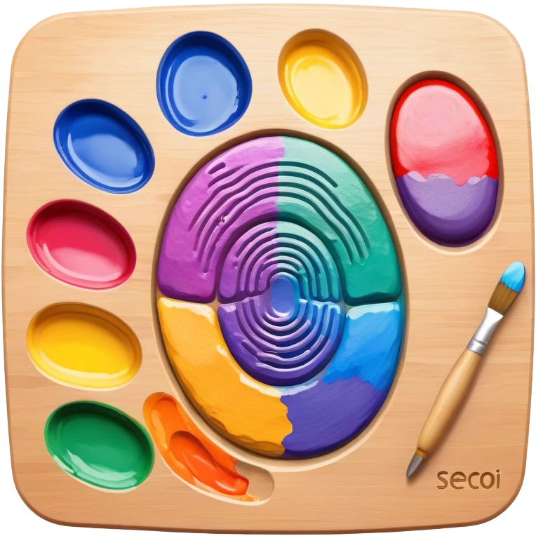 A palette shaped like a fingerprint with colorful paints, representing unique artistic identity emoji