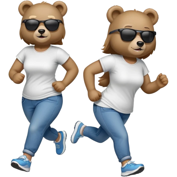 friendly anthropomorphised female bear in jeans and a t-shirt, wearing dark sunglasses, jogging upright in relaxed pose emoji