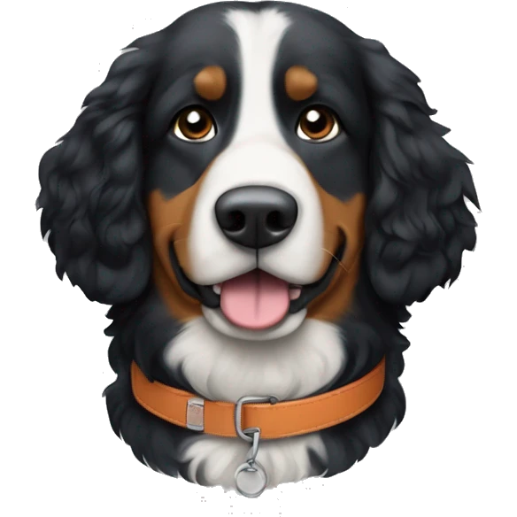 A Bernadoodle dog, that looks like a Bernese mountain dog, a blue collar on that has the name “Georgy” on it emoji