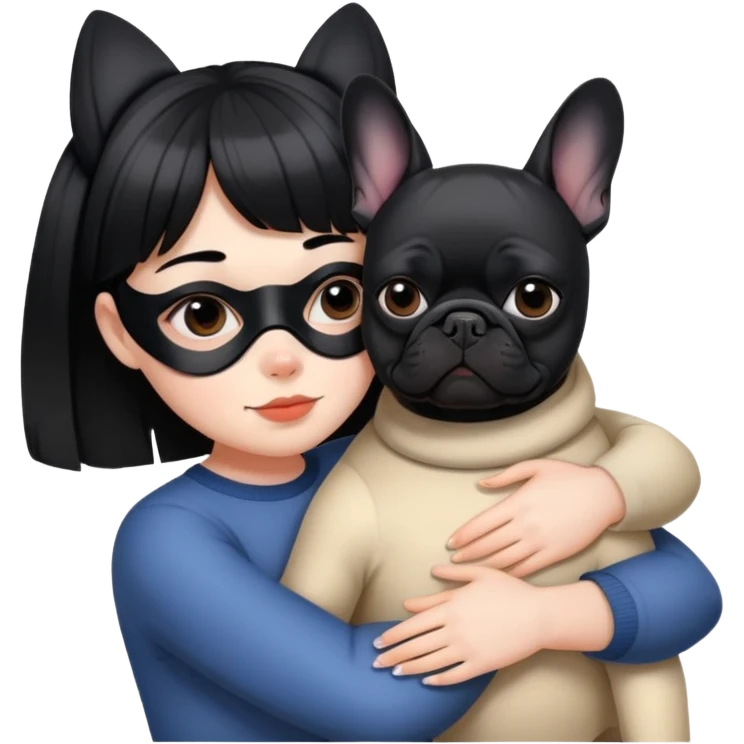 girl with short black straight bangs hair wearing a mask and hugging a black French bulldog emoji