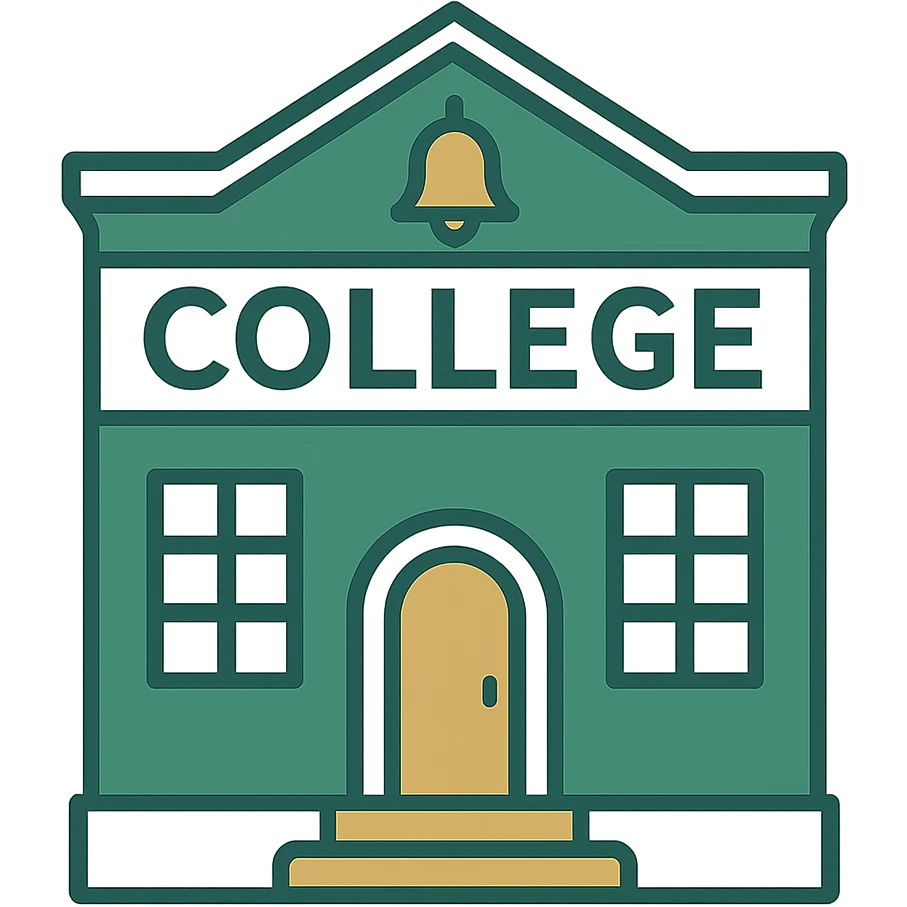 Make the college building less cartoonish, more realistic and professional with a green, gold, and white color scheme. The design should be minimalistic with clean lines, with no background. emoji