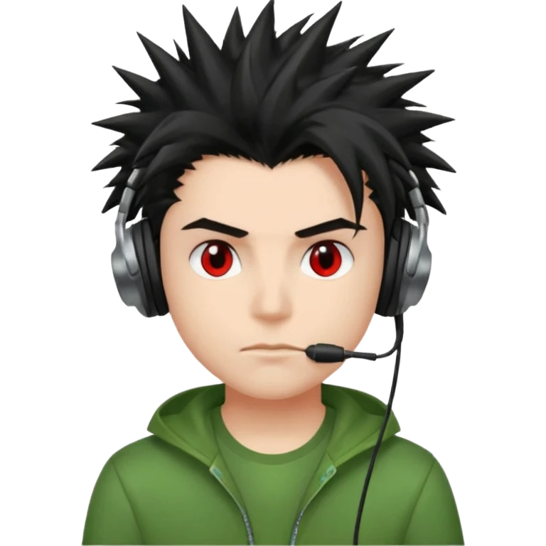 chico pelo medio largo ojos rojos y una camisa verde pelo tipo spike y unos audifonos pelo negro y mas voñuminoso emoji