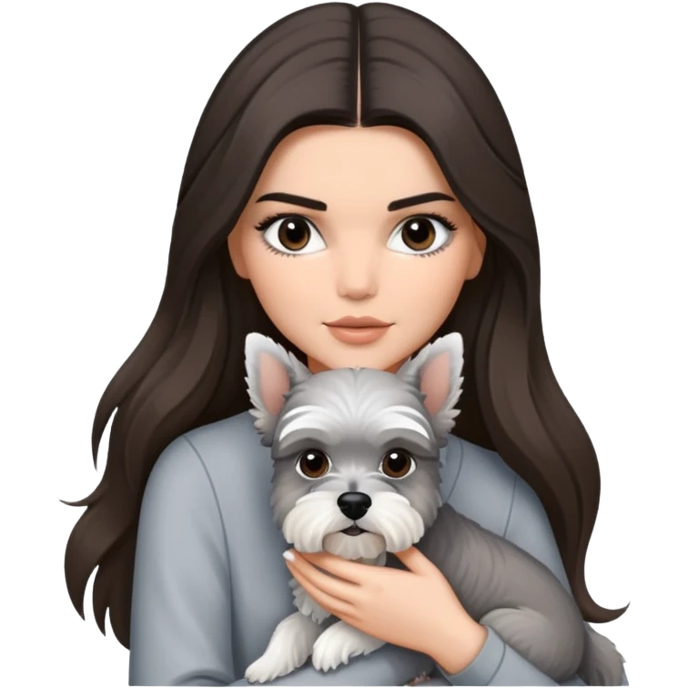 brunette Kendall Jenner with long hair holding on the hands grey white Schnauzer emoji