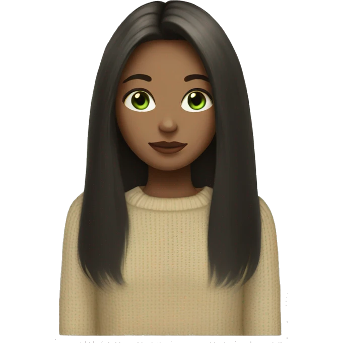 Girl with black straight long hair pale skin light green eyes and beige sweater  emoji