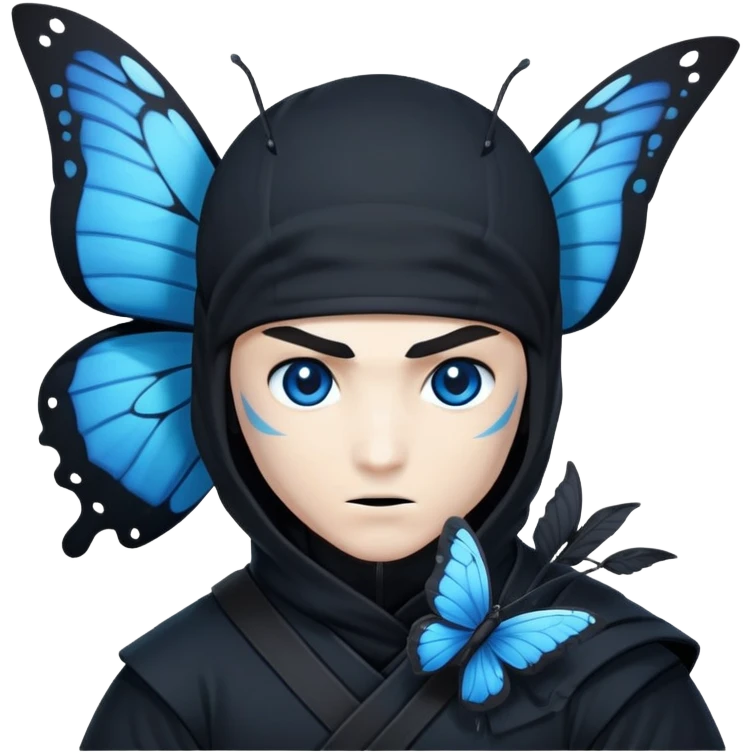 Emoji para usar en WhatsApp con estos dos emoji 🥷🏻 🦋.
Ninja vestido de negro con los ojos negros y con la piel blanca y una mariposa azul posada en su hombro izquierdo como si la mariposa estuviera volando en el hombro. emoji