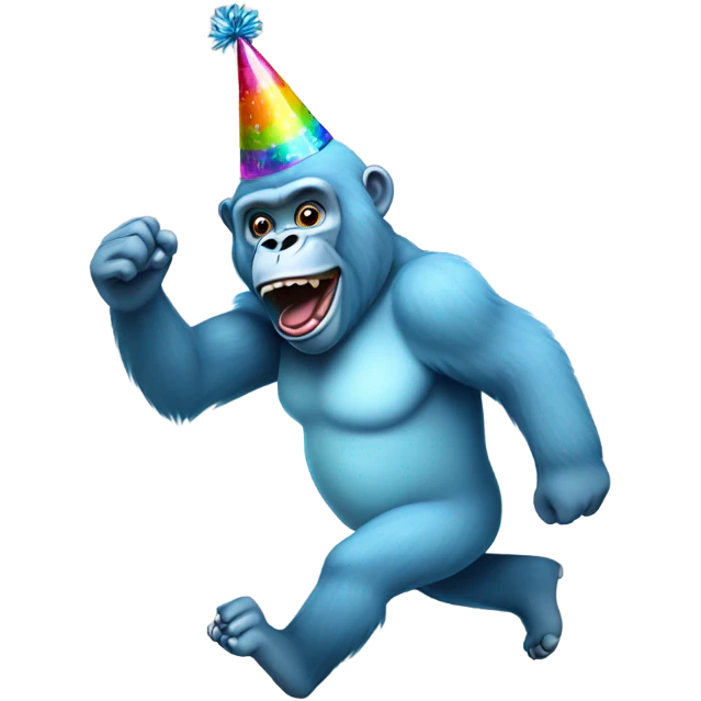 Animated light blue gorilla running wearing a colorful party hat in a forest emoji