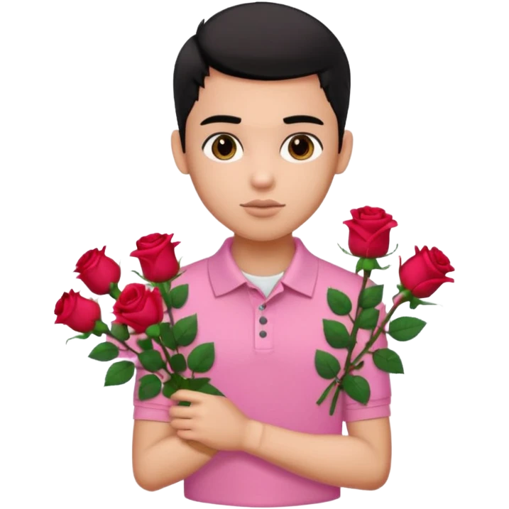 generate a pretty bratz boy wearing a pink polo shirt. Black middle part hair. handsome carrying flowers emoji