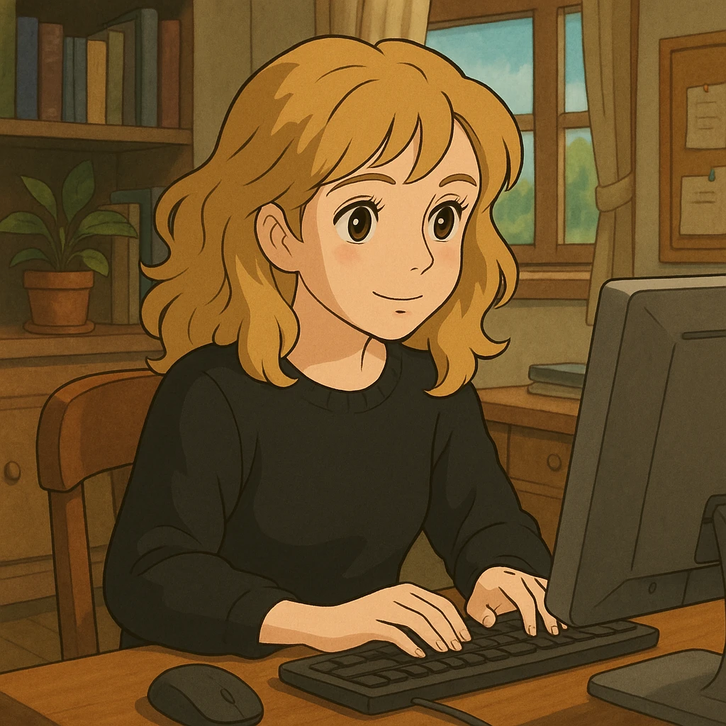 pretty brown-eyed blonde young woman with wavy hair, wearing a black sweater, working on a computer in a cozy office emoji