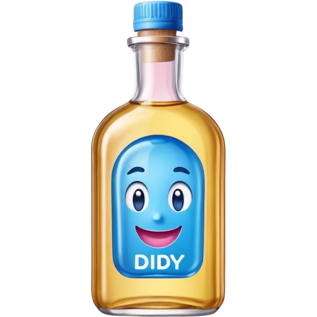 Smiling bottle of oil blue top pink outside with logo that says diddy oil emoji