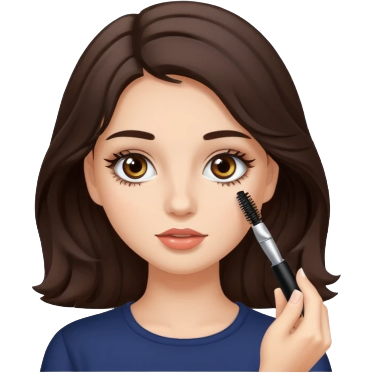 Garota branca de cabelos levemente ondulados castanhos escuros médio aplicando máscara de cílios emoji