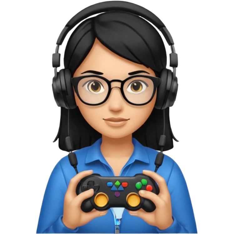 
gamer, woman shiny black hair no eyebrows with glasses, headphone, gamepad emoji