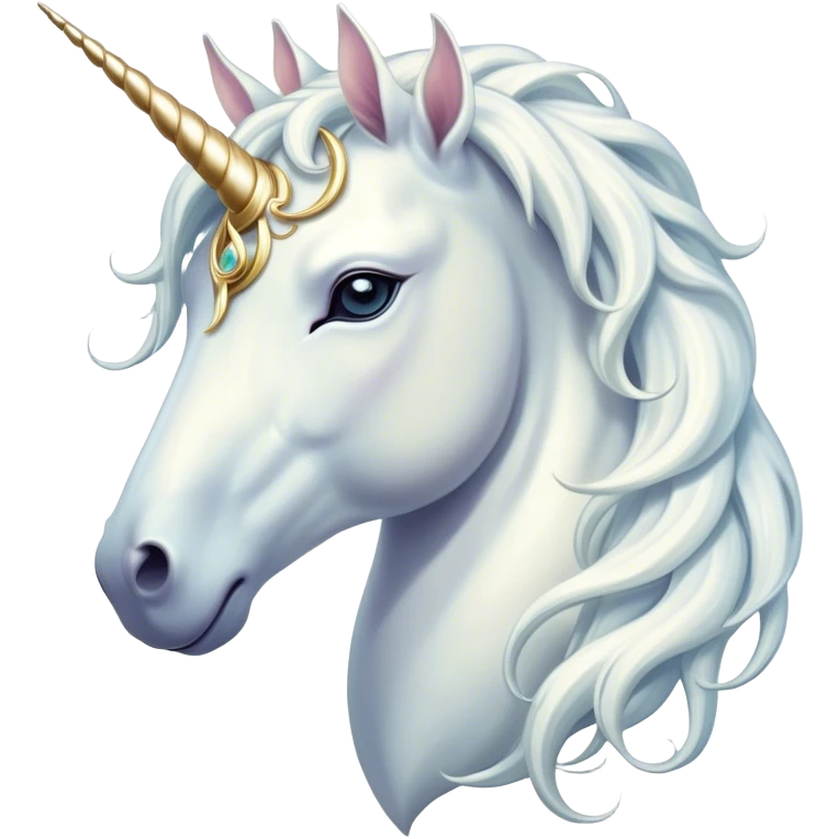 Beautiful and Majestic White Unicorn Portrait Emoji, Head and body exuding serene brilliance with a luminous, flowing mane and a gracefully spiraled horn, eyes gently closed in peaceful reverie, Simplified yet exquisitely enchanting features, highly detailed, glowing with a soft, celestial light, high shine, serene and utterly majestic, stylized with an air of timeless fantasy, soft glowing outline, capturing the essence of a beautiful and majestic white unicorn that embodies the pure magic of legend! emoji